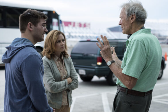 (L-R) ALEK SKARLATOS, JENNA FISCHER and director/producer CLINT EASTWOOD on the set of Warner Bros. Pictures' and Village Roadshow Pictures' "THE 15:17 TO PARIS," a Warner Bros. Pictures release.