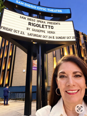 Suzette Valle attending opening night of Rigoletto at San Diego Opera.