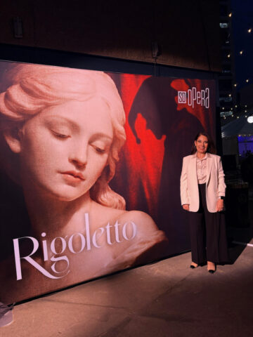 Suzette Valle attending opening night of Rigoletto at San Diego Opera.