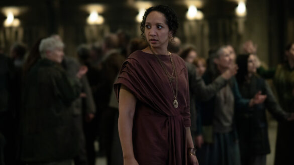Camille Sims watches Bernard Holland’s cleaning from the cafeteria in Silo Season 3 Episode 9, “Farewell.”